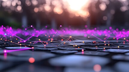 Sunset network data flow, park background, digital technology concept