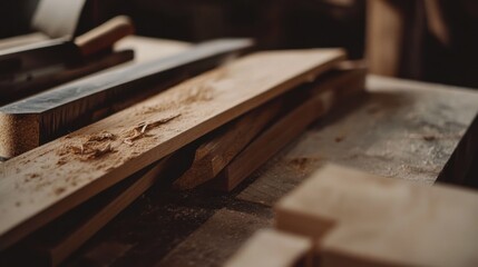Scene of a woodworking setup. Featuring wood pieces, saws, and a completed project. Highlighting the craft of woodworking. Ideal for DIY and craft blogs.