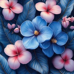 Watercolor Floral Pattern with Blue Peonies and Pink Plumeria Flowers on White Background