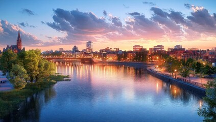 Fototapeta premium Twilight Cityscape with River Reflection and Serenity at Wroclaw