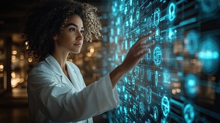A woman in a lab coat interacts with a holographic screen filled with data and icons, representing the future of technology and innovation.