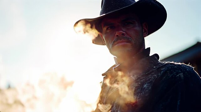 Rugged figure stands motionless in dusty street. Static camera position with subtle drift. Sunlight filters through dust particles. Slow blink, hand hovering near holster, slight tilt of hat brim.