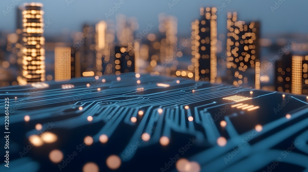 Poster a vibrant skyline image depicting a city transforming into glowing data visualization.