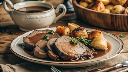 Indulging in a traditional sunday roast roast beef with yorkshire pudding rich gravy and roasted vegetables in a cozy home setting
