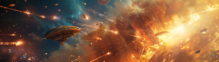 dramatic scene of UFOs darting through fiery sky, showcasing intense cosmic battle with explosions and debris. vibrant colors create sense of urgency and excitement