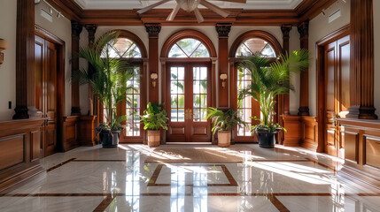 Welcoming foyer with wooden accents, large windows, and tropical plants creates bright and inviting atmosphere. elegant design features marble flooring and natural light