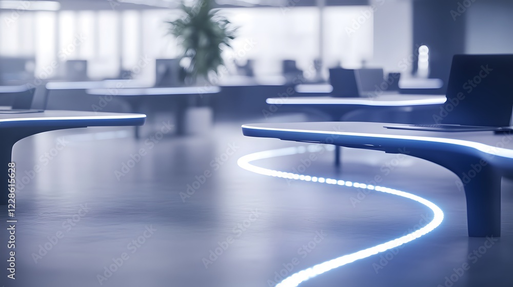 Poster Modern co-working space featuring sleek curved desks designed for collaborative work.