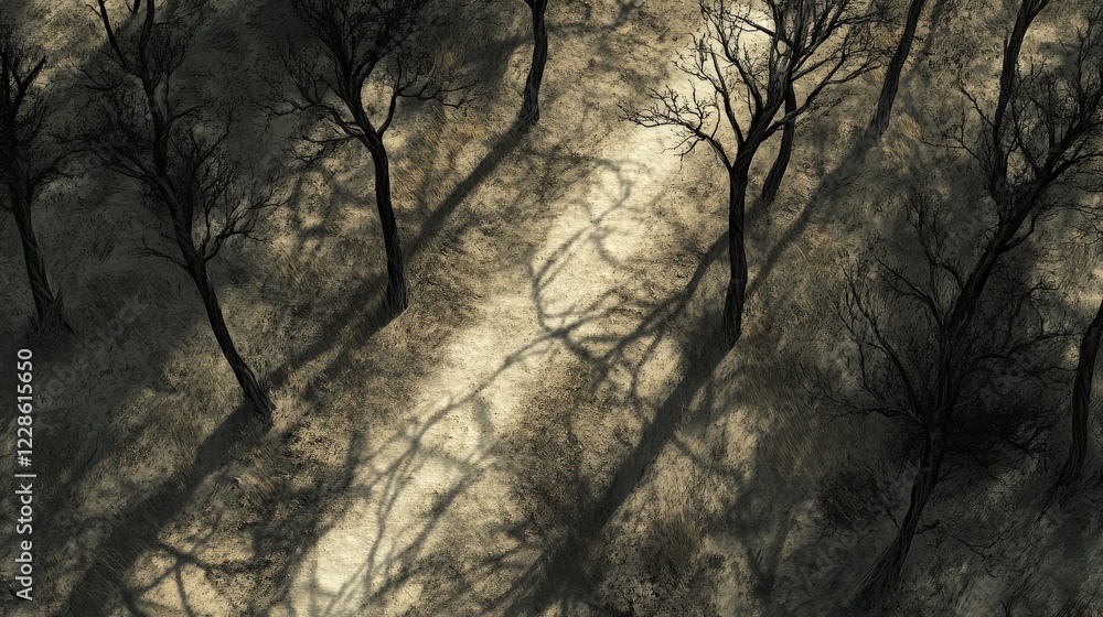 Poster aerial view of a shadowy forest path with bare trees casting long shadows in twilight