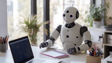 A humanoid robot setting up a home study desk with stationery and a laptop in a modern office, focusing on organization and clean design, Professional style