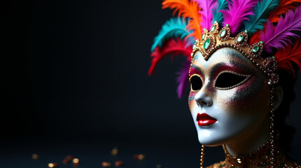 Elegant Mardi Gras mask adorned with colorful feathers and beads on a black backdrop.