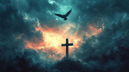 Fototapeta premium A lone bird flying near a cross under a sky filled with swirling storm clouds, occasional lightning strikes highlighting the scene, the mood reflective and powerful, cinematic and hyperrealistic0,