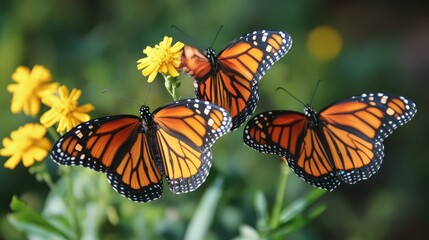 Fototapeta premium Monarch Butterfly Trio: Three monarch butterflies with their iconic orange and black wings, delicately alight on vibrant yellow wildflowers.