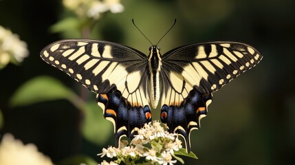 Eastern Swallowtail Butterfly Closeup: A vibrant Eastern Swallowtail butterfly with its distinctive yellow and black patterned wings, delicately perched on a cluster of small white flowers.