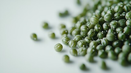 Green mung beans spilled on white.