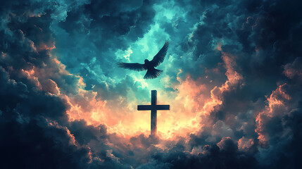 Naklejka premium A lone bird in flight above a cross, the storm clouds dense and dark with streaks of light breaking through, the mood somber and reflective, cinematic depth, ultra-realistic tones0,