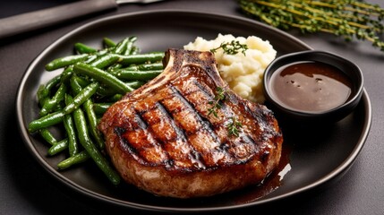 A juicy and tender grilled pork chop with a side of sautéed green beans and mashed potatoes, Pork chop centered, on a dark ceramic plate