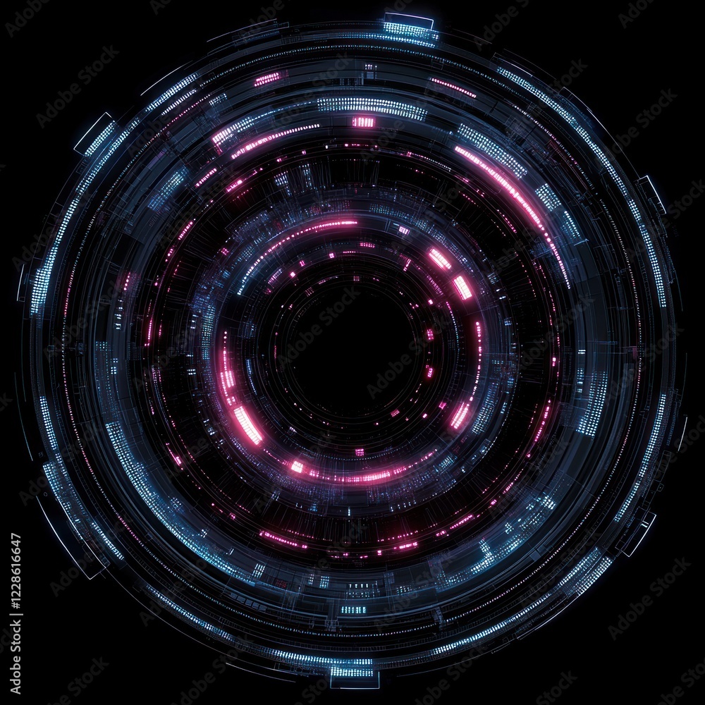Poster futuristic digital circular pattern interface with neon light effects on black background