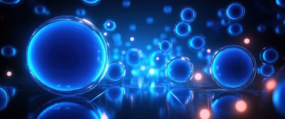 Abstract Futuristic Technology Background with Glowing Blue Spheres, Neon Geometric Shapes, and Dynamic Lighting Effects
