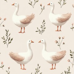 Goose Floral Seamless Pattern Soft Watercolor Pastel Colors Serene Background
