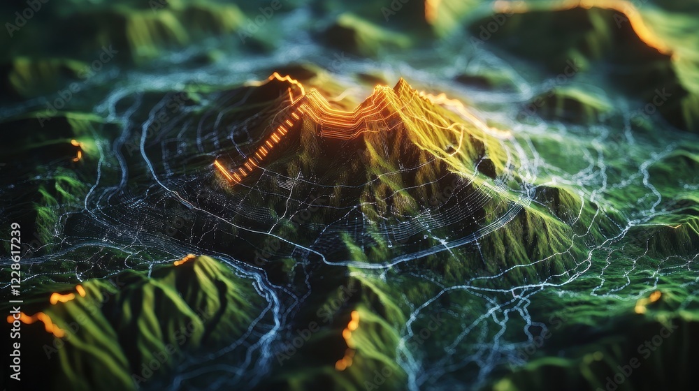 Poster abstract 3d mountain range with glowing lines, roads and pathways overlaying a digital terrain. idea