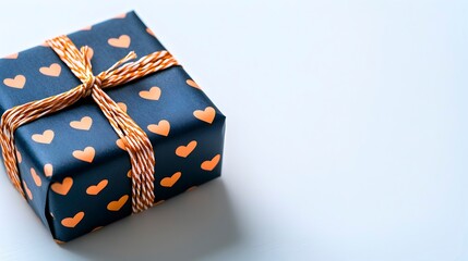 Gift Box Wrapped in Blue Paper with Orange Hearts and Twine