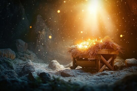 Nativity Scene with Manger and Holy Light in Bethlehem Cave Waiting for Birth of Jesus Christ