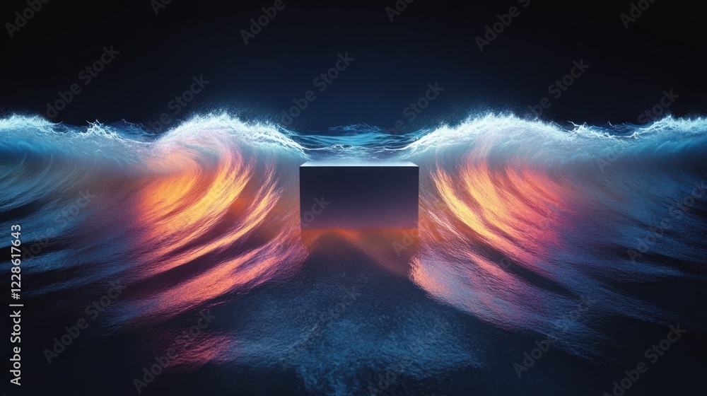 Poster wave patterns and light reflections in a dark ocean with central barrier
