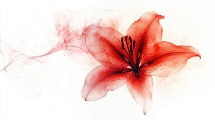 Crimson Lily in Smoke: A vibrant red lily, seemingly made of smoke or watercolor, blossoms with ethereal beauty against a clean backdrop. Its delicate petals and intricate details create an artistic.