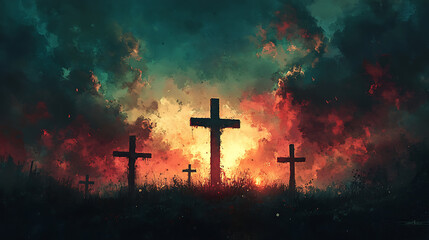 Fototapeta premium A remote view of Calvary, the crosses starkly silhouetted against a sky consumed by dark clouds, a faint glow on the horizon signaling the end of the day, cinematic composition,