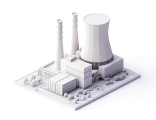 Isometric low-poly model of a power plant with cooling tower and chimneys. (1)