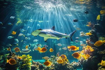 Fototapeta premium Beneath the Waves: A hammerhead shark gracefully navigates a vibrant coral reef teeming with colorful tropical fish, bathed in a mesmerizing shaft of sunlight.