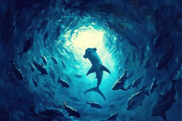 Fototapeta premium Hammerhead Shark Underwater: A majestic hammerhead shark ascends from the ocean depths, surrounded by a school of fish in a dramatic underwater scene. Light streams from above.