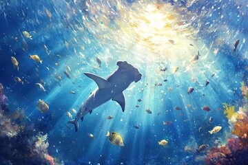 Obraz premium Hammerhead Shark Underwater: Majestic hammerhead shark gracefully glides through a vibrant coral reef, sunlight streams from above illuminating the diverse marine life. 