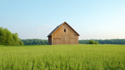 Obraz premium Rustic Barn in a Verdant Field Under a Clear Sky