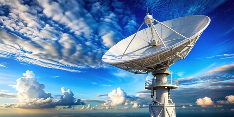 A satellite dish antenna is mounted on a tall tower under clear blue sky with white fluffy clouds, conveying stability and reliability in communication services, engineering, nature