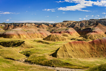 Rugged multi color plains, mountains and valleys of Badlands National Park near Wall, South Dakota