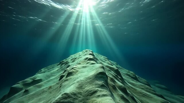 Sunlight beams through clear ocean water illuminating a sandy underwater mountain peak