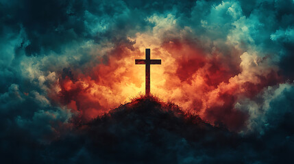 A single cross on a hill silhouetted against an ominous sky, thunderclouds rolling in with faint rays of light breaking through, the scene soaked in dramatic tones, cinematic realism,