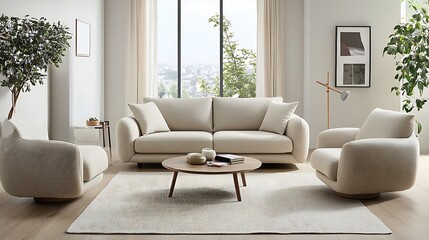 Modern Beige Living Room Interior Design with Swivel Chairs and Sofa