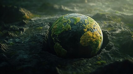 Earth globe, mossy rock, sunrise, environmental concept