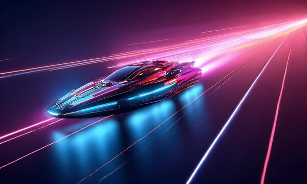 Futuristic car speeding, neon lights, night road, digital art, tech banner