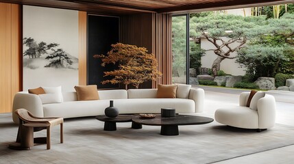 Serene Minimalist Living Room with Japanese Garden View