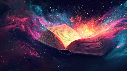 Open book emitting vibrant, magical energy, surrounded by colorful smoke and sparks.
