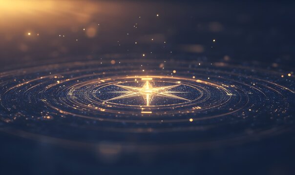 A glowing compass hovers above a futuristic digital landscape, blending technology and exploration.
