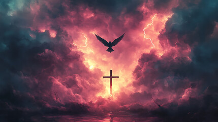 Naklejka premium A solitary bird soaring over a cross silhouetted against a turbulent sky, storm clouds glowing faintly with lightning, the atmosphere somber and reflective, cinematic composition,