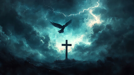 Naklejka premium A solitary bird soaring over a cross silhouetted against a turbulent sky, storm clouds glowing faintly with lightning, the atmosphere somber and reflective, cinematic composition,