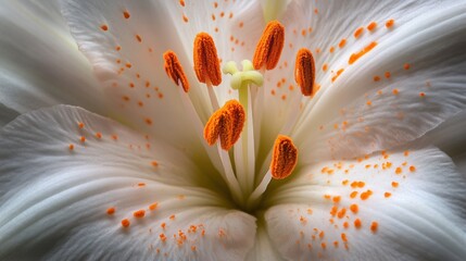 Close-up white lily flower stamens, petals, nature macro