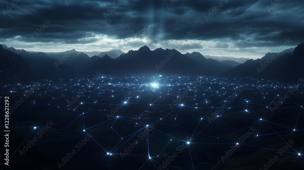 Poster a digital network of glowing workstations showcasing modern technology and connectivity.