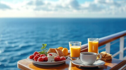 A beautifully arranged breakfast on a cruise ship balcony, with coffee, juice, and fresh fruit, against the backdrop of endless blue sea