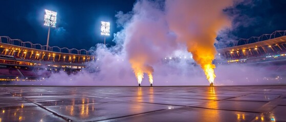 Obraz premium Dramatic Night Stadium Show Smoke Fire Lights